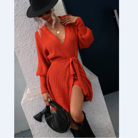 Rib-Knit Lantern Sleeve Belted Sweater Dress - Picture 6 of 16